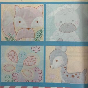 four square panels showing shadow work embroidery animals with pastel colors