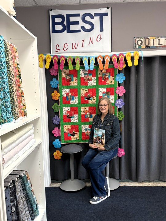 Florida Shop Hop 2026 visitor at Best Sewing & Vacuum's selfie booth, Jacksonville, FL.