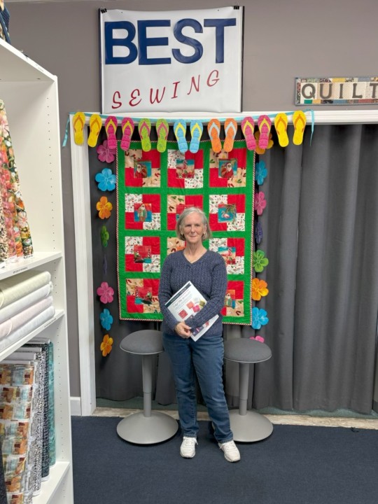 Florida Shop Hop 2026 visitor at Best Sewing & Vacuum's selfie booth, Jacksonville, FL.